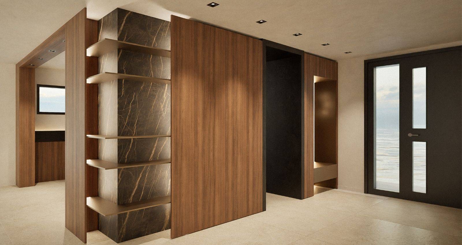 Aménagement d’entrée avec meuble sur mesure structurant l’espace dans une maison contemporaine