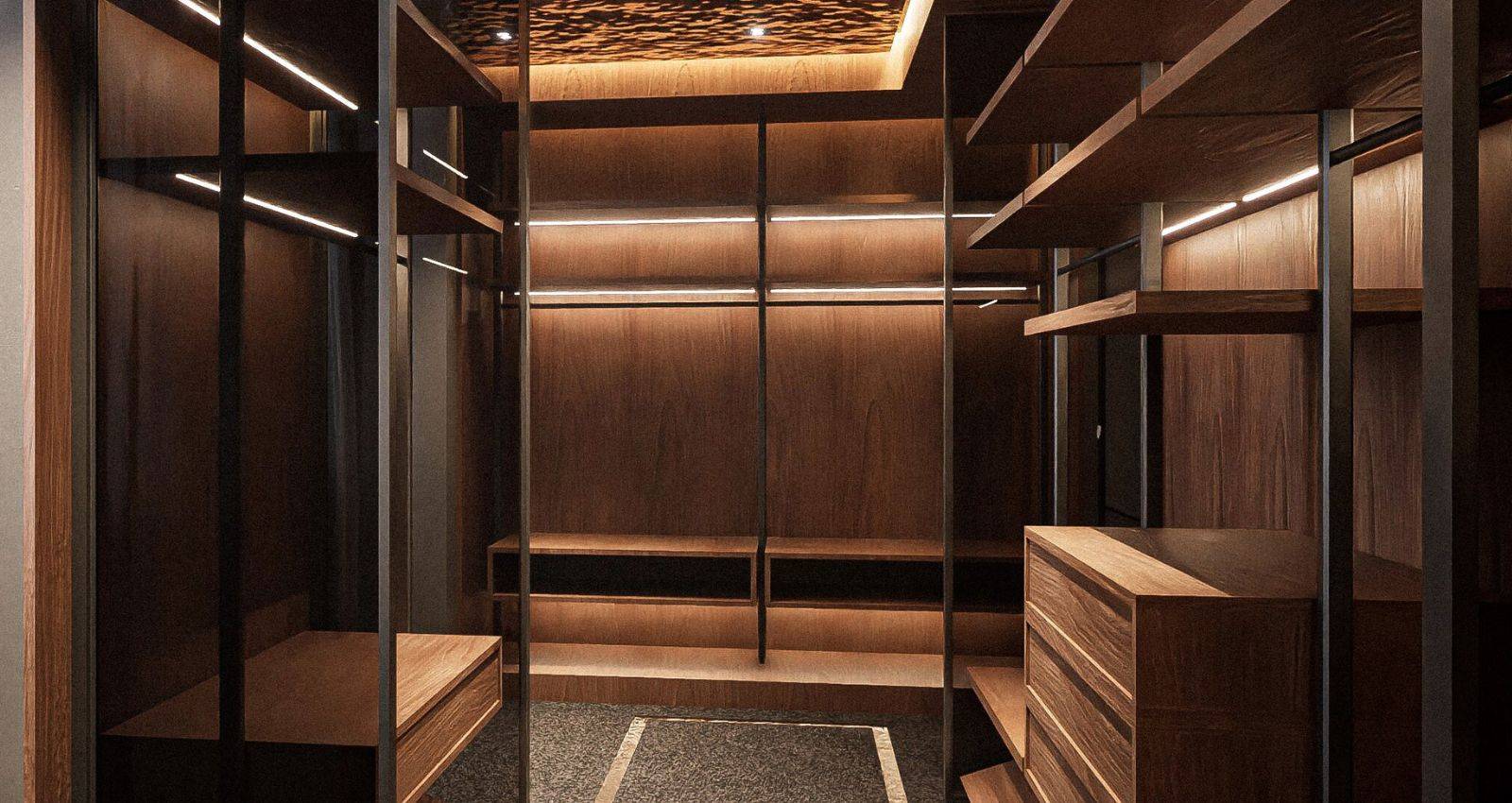 Dressing sur mesure dans une suite parentale avec rangements et éclairage intégré